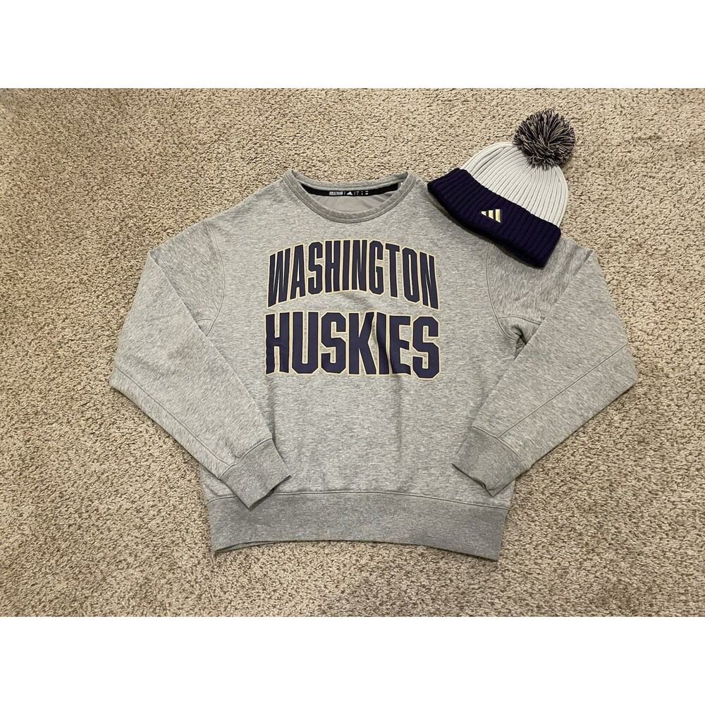 University of Washington Huskies Adidas Sweatshirt and Beanie Sz S Gray / Purple